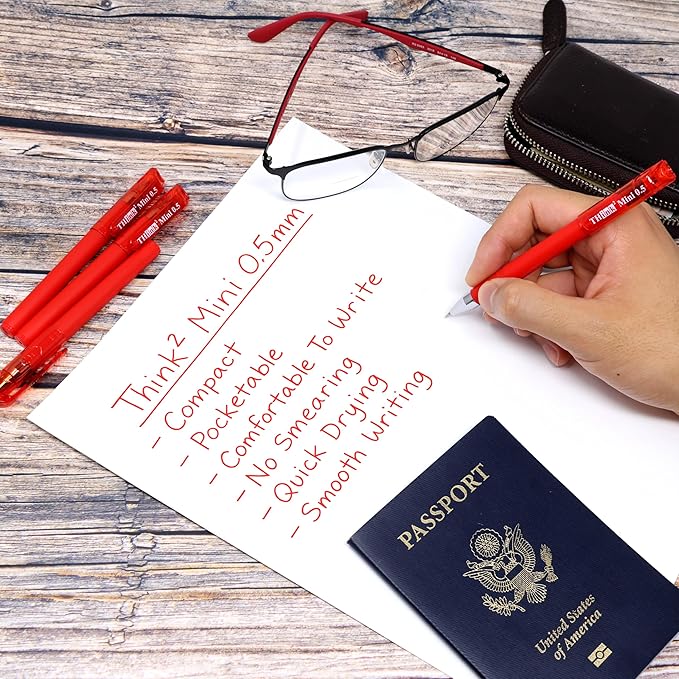 THINK2MASTER [24 Pens - Red Ink Think2 0.5mm Pocketable Mini Gel Pens. (24 Red) Fine Point Small Rollerball Pens with Smooth Quick Drying Ink.