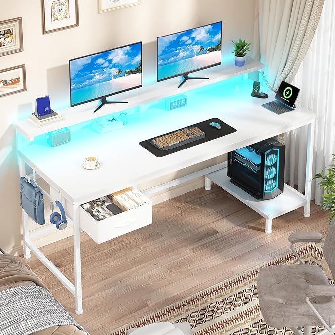 Computer Desk with Ergonomic Monitor Stand & CPU Stand,47.2" Gaming Desk with 1 Drawer & Power Outlet & LED Lights for Home Work, Bedroom Study and Gaming, Small Spaces,White