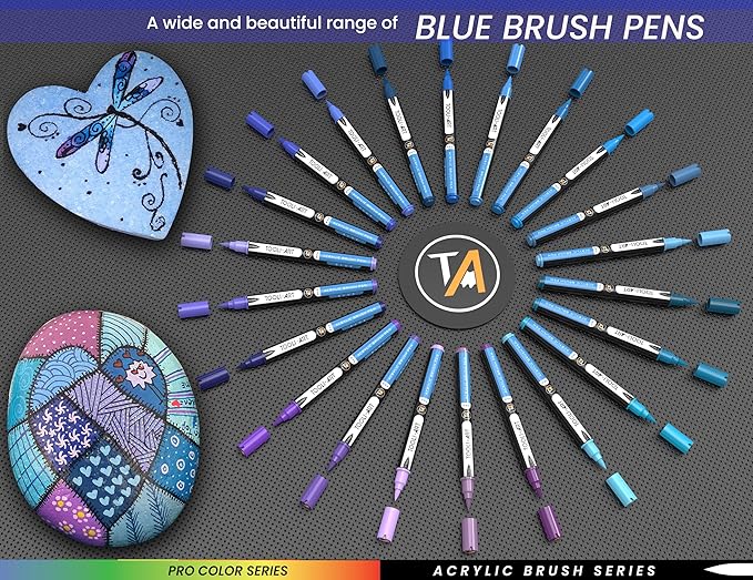 22 Flexible Brush Tip Acrylic Paint Pens Markers Set 1-7mm Line for Rock Painting, Brush Lettering, Glass, Mugs, Wood, Metal, Canvas, Fabric, Plastic. Non Toxic Waterbased Quick Drying Assorted Blue
