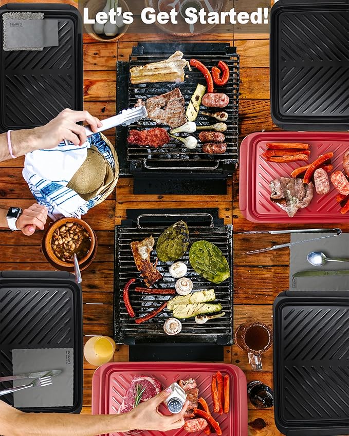 Large Grilling Prep and Serve Trays, BBQ Platter for Raw and Cooked Food, Melamine Serving Trays for Food, Set of 2, Black and Red, Napkin and Cleaning Clothes Included
