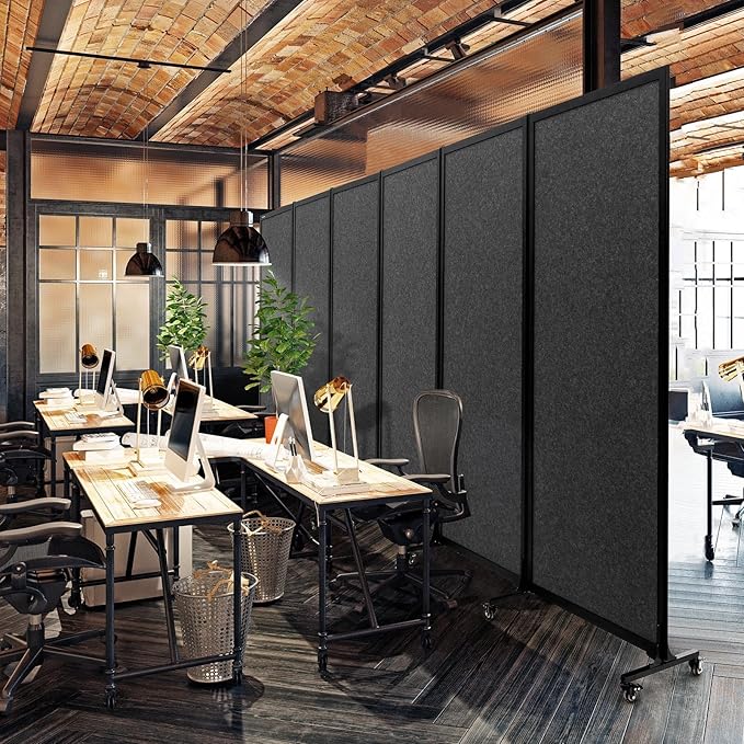 Upgrade Version Room Partition and Divider, Freestanding Rolling Dividers with Wheels,Office Privacy Screen Divider Wall,Classroom Felt Dividers,12'2"L* 6'7"H,6 Panel,Dark Grey