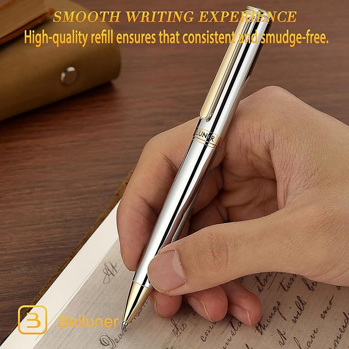 BEILUNER Silver Gold Gel Pen - Luxury Featuring sophisticated chrome finishes, with 24K Gold Accents, Best Pen Gift Set for Men & Women, Business Signature, Executive, Office Retractable Pens