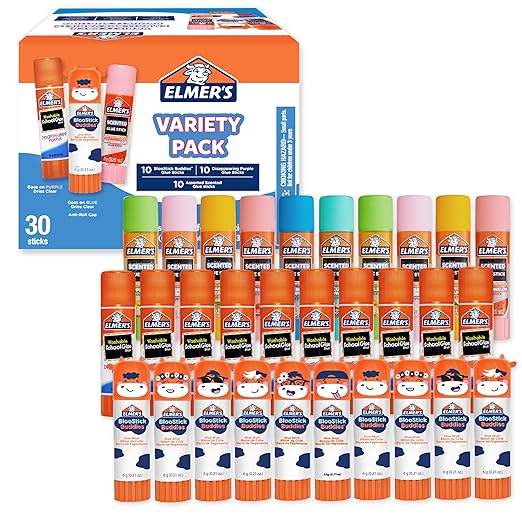 Elmer's Glue Stick Variety Pack, Featuring BlooStick Buddies, Disappearing Purple, and Scented Glue Sticks, Assorted, 30 Count