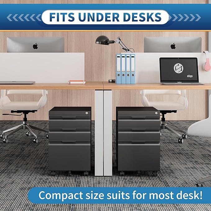 3 Drawer File Cabinet with Lock and Wheels,Rolling File Cabinets with Lock,Vertical Metal Filing Cabinet for Legal/Letter/A4 File-Black/Assembly Required