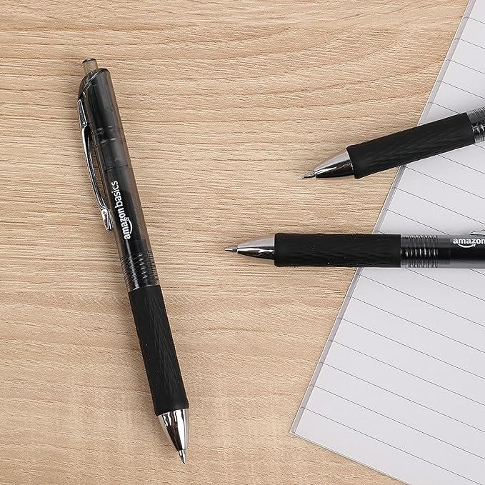 Amazon Basics Gel Pens Fine Point Smooth Writing Pens, Retractable, Black, 0.7mm, 12 Pack
