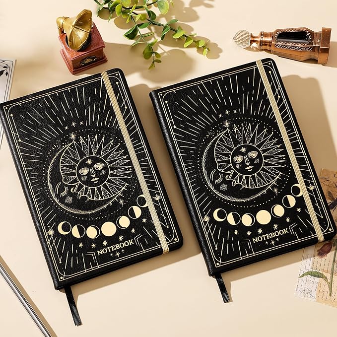 Artfan Ruled Notebook/Journal ā Premium Thick Paper Faux Leather Classic Writing Notebook with Pocket + Page Dividers Gifts, Banded, Large, 144 Pages, Hard Cover, Lined (5.8 x 8.4) - Sun and Moon