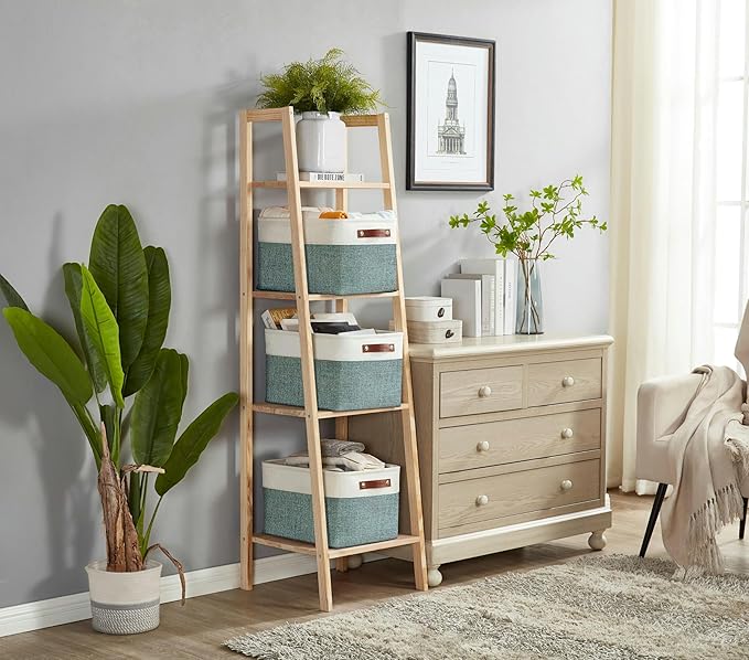 DECOMOMO Storage Baskets for Shelves - Fabric Storage Bins, Linen Closet Organizers and Storage (Green & White, Large - 3 Pack)