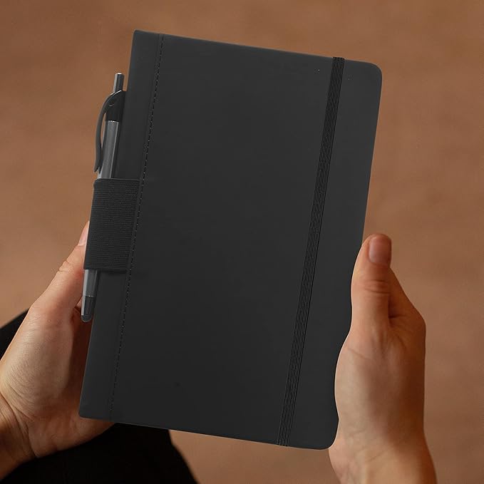DISCOUNT PROMOS 10 Executive Notebooks with Pen Pack - 6 x 8.5 inches, Recycled, Pen Loop, Closure Strap - Black