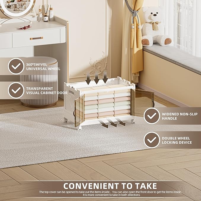 68 QT / 17 Gal Extra Wide Foldable Plastic Cabinet with Double Magnetic Doors & Leather Handles - Stackable, 4 Locking Wheels, Space Saving Storage for Small Spaces