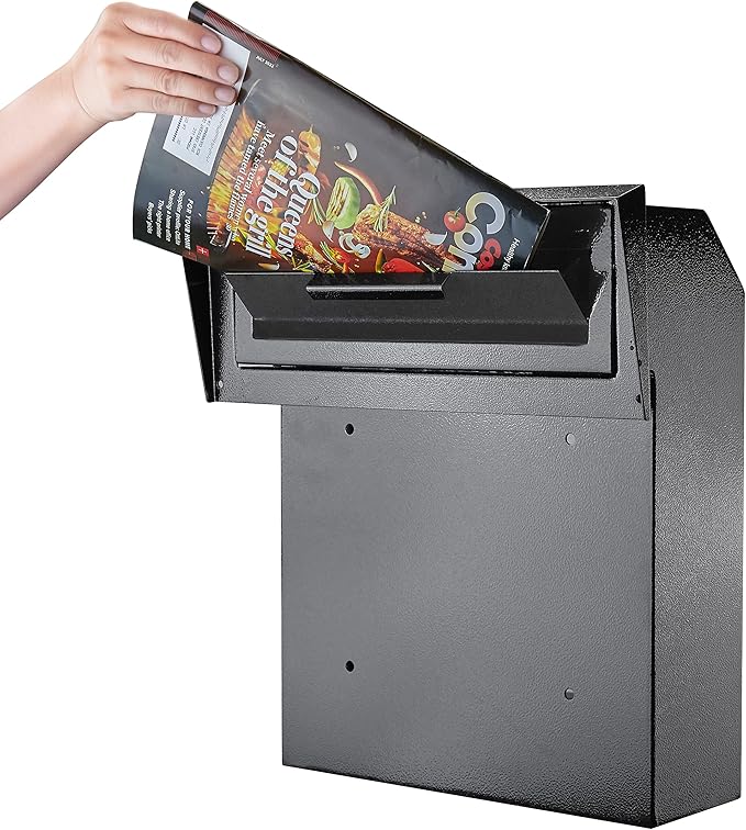 Rainproof Through The Door Key Drop Box, Galvanized Steel Heavy Duty Mailbox Safe Deposit Box, Locked Mail Drop Box with Combination Lock for Key and Payment, Black Mailbox