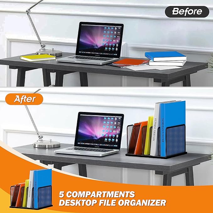 Kuntine.B Desk File Organizer 5 Upright Mesh Desktop Organizer File Sorter Office Organization File Holder for Home, Office & Classroom, 2 Pack