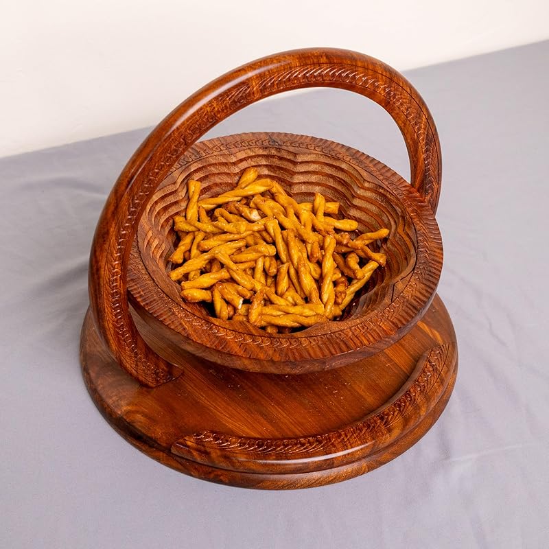 Handmade 12″ Collapsible Wooden Basket, Single Bowl Flower Design in Himalayan Rosewood, Fruit Basket, Bread Bowl & Trivet, Folds Flat for Easy Storage – Unique Centerpiece & Gift