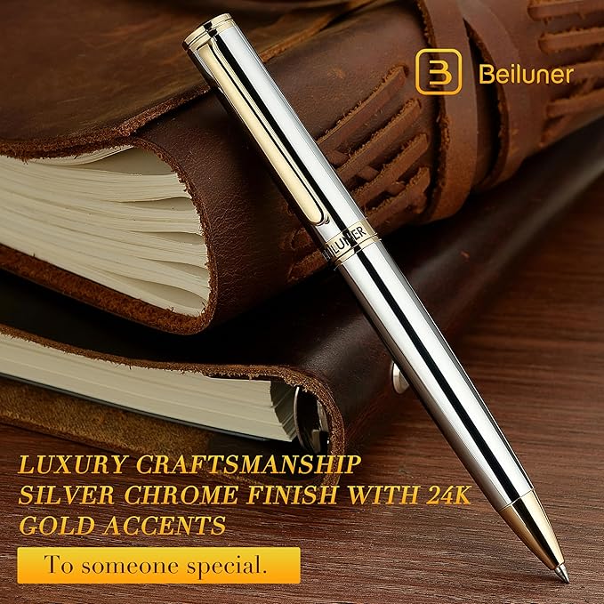 BEILUNER Silver Gold Gel Pen - Luxury Featuring sophisticated chrome finishes, with 24K Gold Accents, Best Pen Gift Set for Men & Women, Business Signature, Executive, Office Retractable Pens
