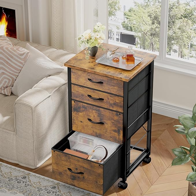 4 Drawers Mobile File Cabinet Vertical Filing Cabinet with Fabric Drawer Fits A4/Letter Size Printer Stand for Home Office,Rustic Brown