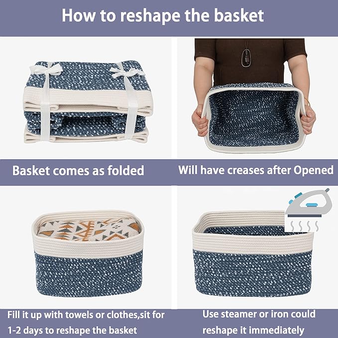 White and Blue Cotton Rope storage Basket Bins Woven Basket for Organizing Shelves 15X10X9.3“ Rectangle Decorative Baskets For storage Books Towels Wicker Nursery basket organizer Set of 3