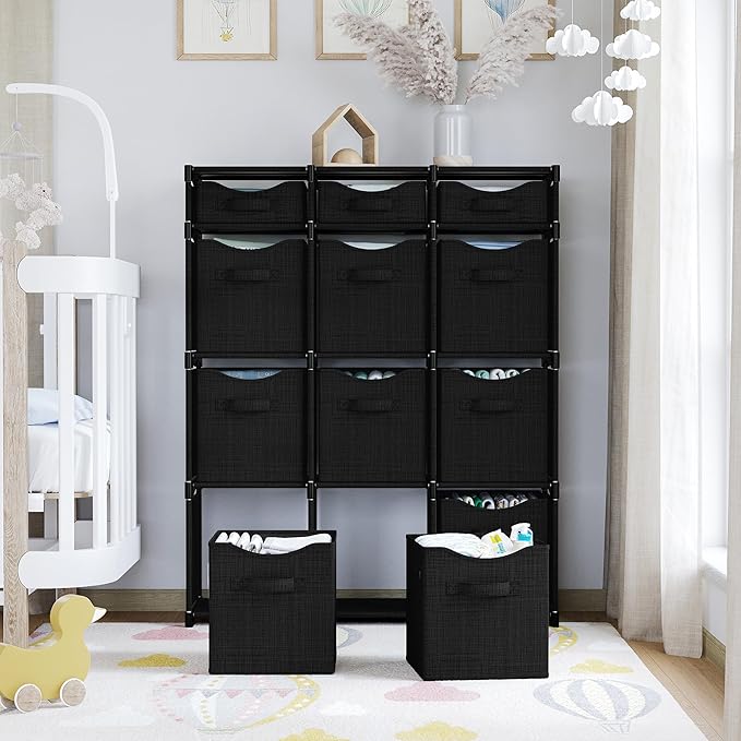 12 Cube Closet Organizers And Storage | Includes All Storage Cube Bins | Easy To Assemble Closet Storage Unit With Drawers | Room Organizer For Clothes, Baby Closet Bedroom, Playroom, Dorm (Black)
