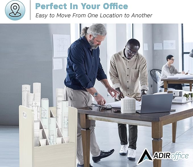 AdirOffice Adir Blue Print Storage Organizer - Mobile Roll File Cart, Construction Plan Holders, Blueprint Cabinet with Wheels, Roll Files Storage for Office and Home (20 Slots, White)