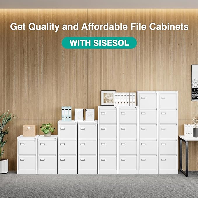 SISESOL 5 Drawer File Cabinet with Lock,Tall Vertical File Cabinet Five Drawer,15" Narrow Office Filing Cabinets,White Metal File Cabinets for Home Office,Fit A4,Legal,Letter Size,-Assembly Required