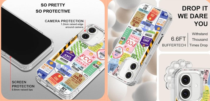 Style + Real Protection — MOSNOVO Case for iPhone 16 (Air Ticket Labels)