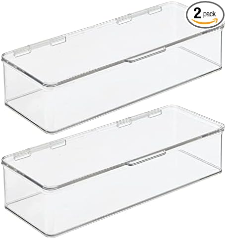 mDesign Long Plastic Playroom/Gaming Storage Organizer Box Containers with Hinged Lid for Shelves or Cubbies, Holds Small Toys, Building Blocks, Puzzles, Markers, Controllers, Crayons, 2 Pack, Clear