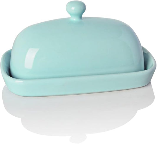 Sweejar Ceramic Butter Dish with Lid for Countertop,Porcelain Butter Keeper with Knob Handle,Butter Container for East/West Coast Butter, 7.1*3.7 inches (Turquoise)