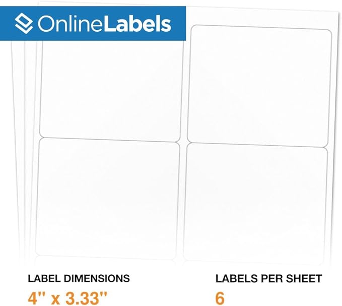 4 x 3.33 Rectangle Shipping Labels - Permanent, White Matte - Wine, Pallet Labels - 6-Up - Pack of 3,000 Labels, 500 Sheets - Inkjet/Laser Printers - Online Labels