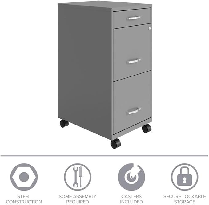 Pemberly Row 3 Drawers 29.52" Vertical Silver Metal Filing Cabinet Lockable Pre-Assembled Movable Legal/Letter Size for Home, Office
