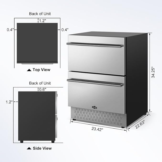 Tylza 24 Inch Under Counter Drawer Fridge, Built-in Beverage Refrigerator for Home and Commercial Use, Stainless Steel Door, Fast Cooling, Low Noise, 37-65 °F