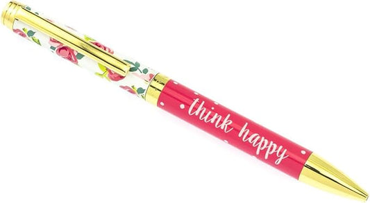 Graphique Pretty Floral Fashion Pen, 5.5" Refillable Black Ink Ballpoint Pink w/ "Think Happy" Quote & Matching Gift Box, Makes a Beautiful, Unique Gift
