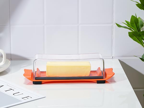 Butter Dish, IKOCO Airtight Butter Dish with Lid for Countertop and Refrigerator, Dishwasher Safe Butter Holder Container for Eastern and Western butter, Orange