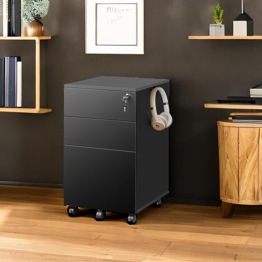 DEVAISE 3 Drawer File Cabinet with Lock, Small Rolling Filing Cabinet Under Desk, Wood Office Drawers Fits Letter/Legal/A4 Size Folders, Black