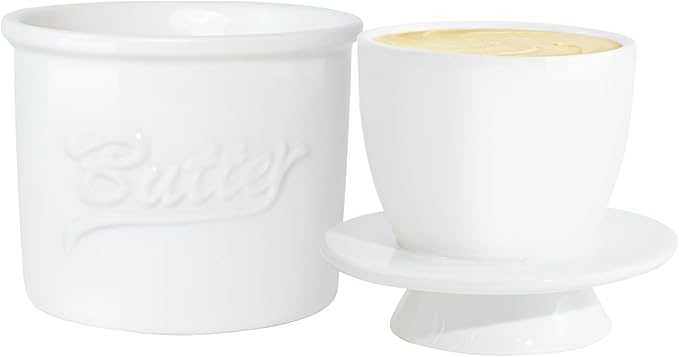 Butter Crock for Counter with Water, French Butter Keeper for Spreadable Butter Ceramic Butter Dish with Lid for Countertop, Butter Container Holder, Home Kitchen Decor (White, M)