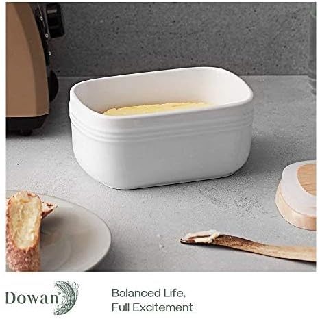 DOWAN Ceramic Butter Dish, Extra Large Butter Keeper for Countertop or Fridge, Airtight Butter Container with Wooden Lid, Farmhouse Kitchen Decor and Accessories, Freezer Safe, Soft White