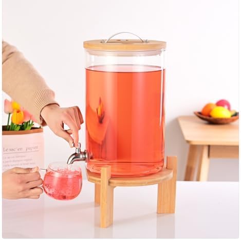 Glass Drink Dispenser, 2 gallons, With faucet wood stand Easy flow control, great for parties, bars & restaurants Large Glass Cold Beverage Dispensers.(2 gallon)