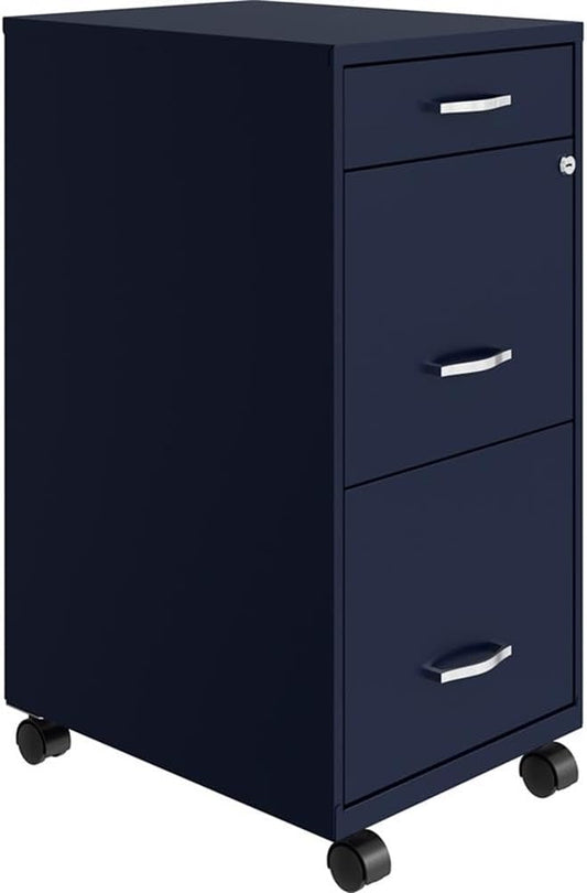 Pemberly Row 3 Drawers 29.52" Vertical Navy Metal Filing Cabinet Lockable Pre-Assembled Movable Letter Size for Home, Office