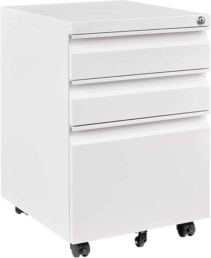FLEXISPOT Mobile File Cabinet for Home Office Under Desk Storage with Lock Keys 3 Drawer File Cabinet for Legal/Letter/A4 File, White
