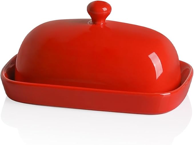 Sweejar Ceramic Butter Dish with Lid for Countertop,Porcelain Butter Keeper with Knob Handle,Butter Container for East/West Coast Butter, 7.1*3.7 inches (Red)