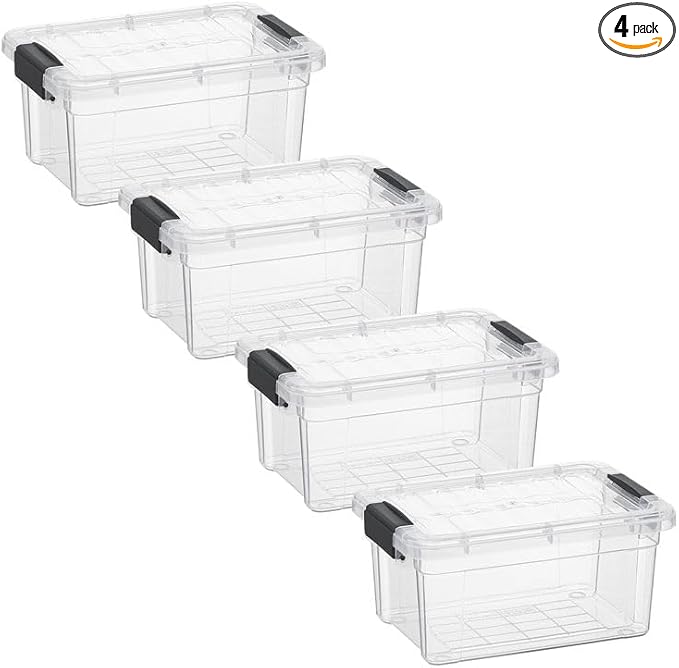 Superio Clear Storage Bins with Lids, Stackable Storage Box with Latches and Handles, Extra Small, 4 Pack 3 Quart