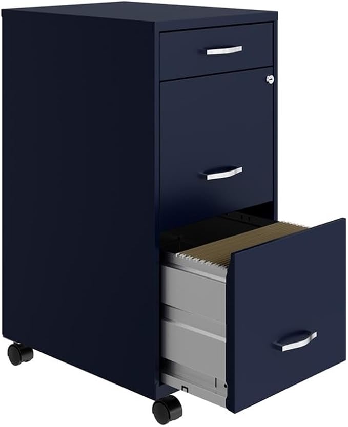 Pemberly Row 3 Drawers 29.52" Vertical Navy Metal Filing Cabinet Lockable Pre-Assembled Movable Letter Size for Home, Office