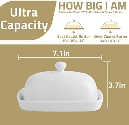 Sweejar Ceramic Butter Dish with Lid for Countertop,Porcelain Butter Keeper with Knob Handle,Butter Container for East/West Coast Butter, 7.1*3.7 inches (Red)