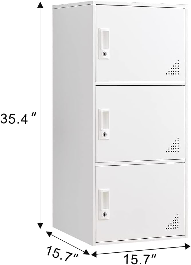 3 Door Metal Locker Steel Storage Cabinet, Office Storage Lockers for Employees, Vertical Metal Cabinets for Home,Office,School,Room Storage Organizer (White)