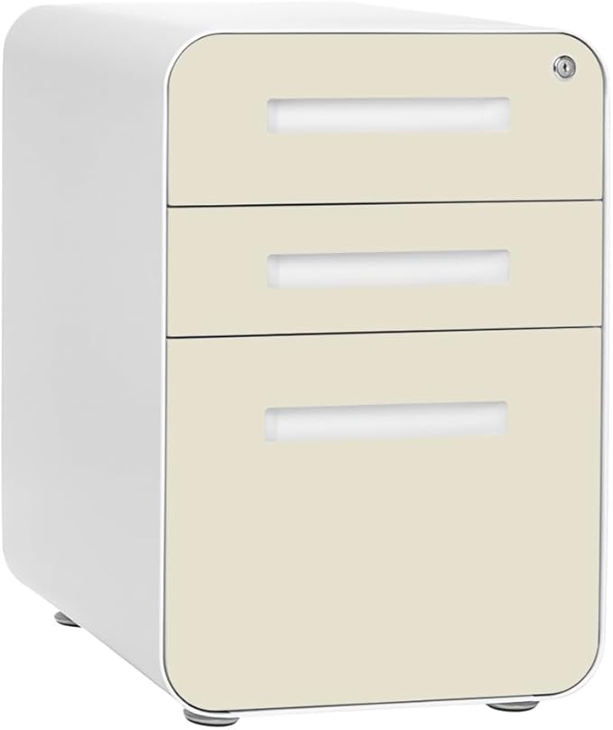 Laura Davidson Furniture Stockpile 3 Drawer File Cabinet with Lock - Under Office Desk Metal Filing Cabinet, Legal/Letter File Folders, Wheels and Stationary Feet, Pre-Assembled, Ivory