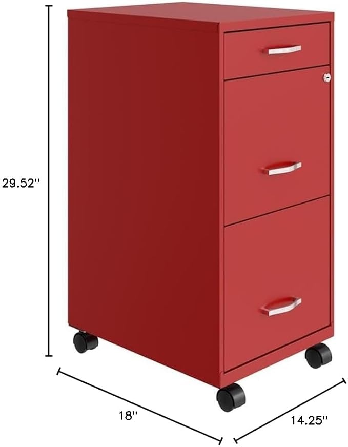 Pemberly Row 3 Drawers 29.52" Vertical Red Metal Filing Cabinet Lockable Pre-Assembled Movable Letter Size for Home, Office