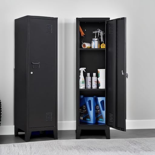 Metal Cabinet, 47" H Home Office Storage Lockers, Vertical Steel Storage Cabinet with Locking Door and 2 Adjustable Shelves, Small Metal Locker Cabinets (1 Door, Black)
