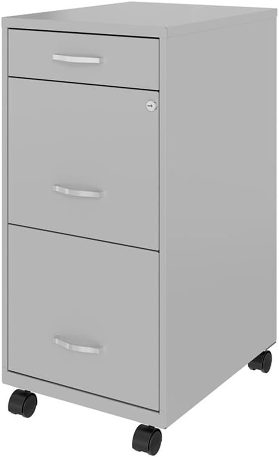 Pemberly Row 3 Drawers 29.52" Vertical Silver Metal Filing Cabinet Lockable Pre-Assembled Movable Legal/Letter Size for Home, Office