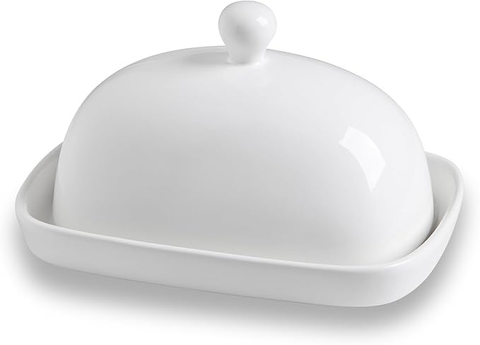 Sweejar Ceramic Butter Dish with Lid for Countertop,Porcelain Butter Keeper with Knob Handle,Butter Container for East/West Coast Butter, 7.3*4.1 inches (White)