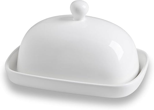 Sweejar Ceramic Butter Dish with Lid for Countertop,Porcelain Butter Keeper with Knob Handle,Butter Container for East/West Coast Butter, 7.3*4.1 inches (White)