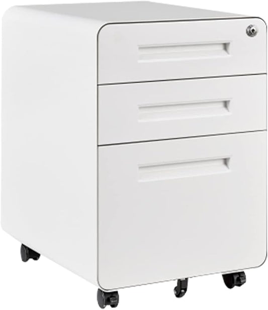 FLEXISPOT Metal File Cabinet for Under Desk Storage Mobile 3 Drawer File Cabinet Round Corner Design Filing Cabinets for Home Office,White