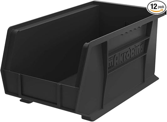 Akro-Mils 30240 AkroBins Plastic Storage Bins, Space-Saving Stackable Bins for Garage, Pantry, Craft Organization, 15" x 8" x 7", Black, 12-Pack