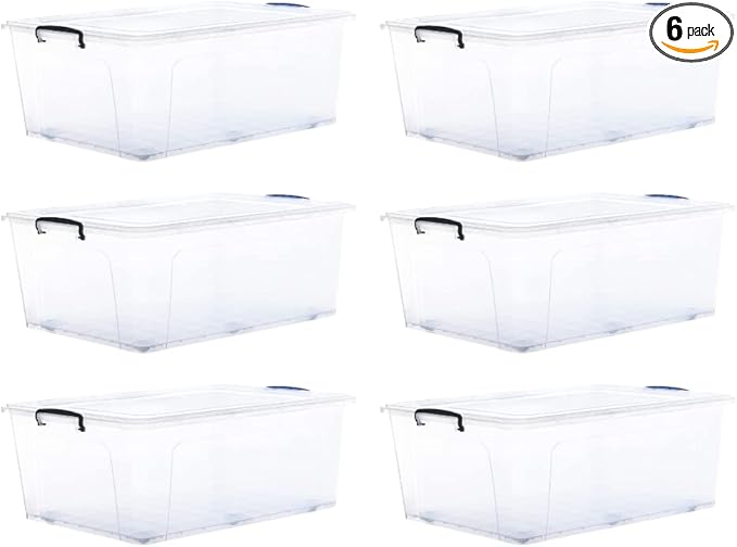 Superio Storage Bins with Lids- Clear Boxes for Organizing, Stackable Plastic Containers- BPA Free, Non-Toxic, Odor Free, Organizer for Home, Office, Dorm (6 Pack, 60 Qt (Wheeled))